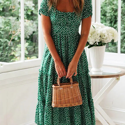 Vintage Floral Square‑Collar Puff‑Sleeve Maxi Dress with Slit