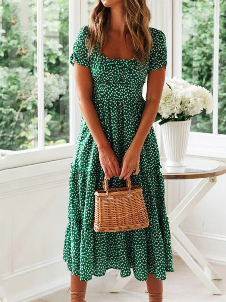 Vintage Floral Square‑Collar Puff‑Sleeve Maxi Dress with Slit-HighTouch