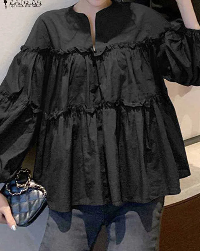 Zanzea Elegant Puff Sleeve Ruffle Blouse – Women’s Tunic Shirt