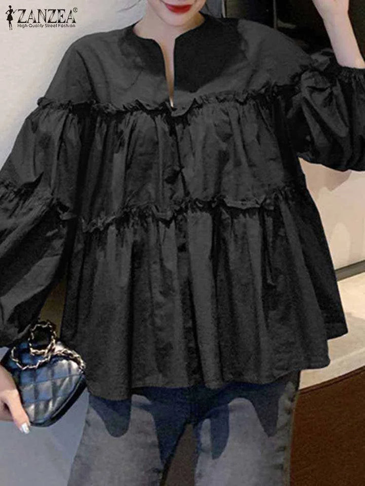 Zanzea Elegant Puff Sleeve Ruffle Blouse – Women’s Tunic Shirt-HighTouch