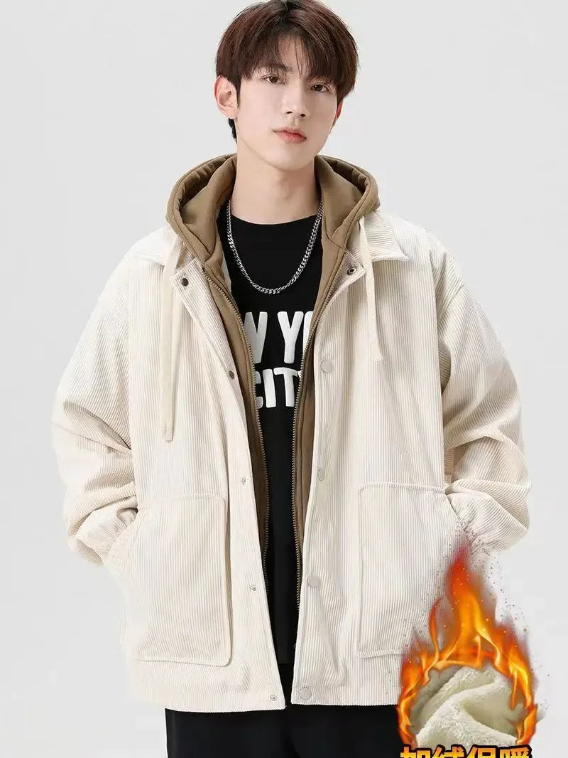 Unisex Oversized Corduroy Hoodie Jacket – Textured Winter Streetwear-HighTouch