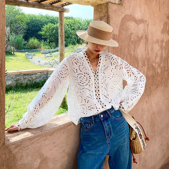 White Floral Eyelet Cotton Blouse – Long Sleeve V-Neck Top