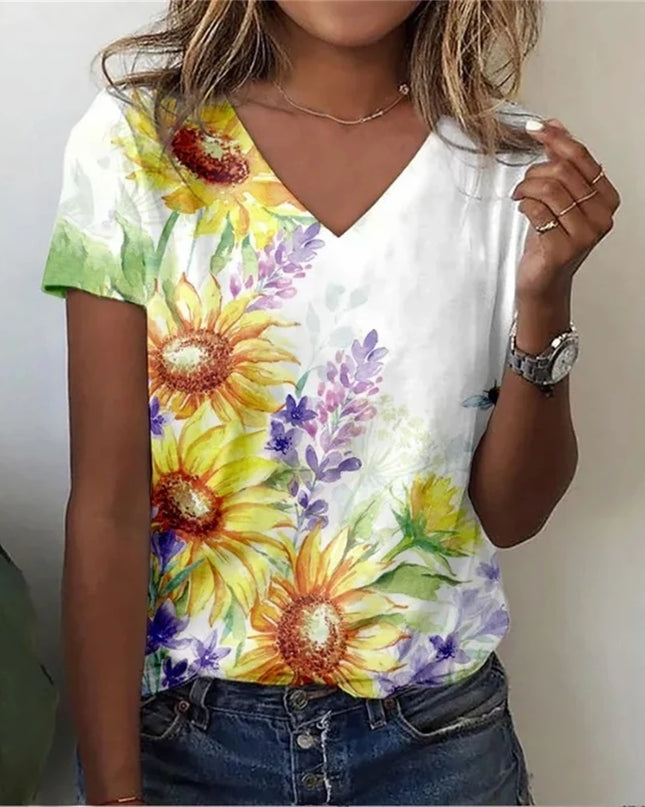 Vintage Floral 3D Print V‑Neck Tee – Oversized Harajuku Style