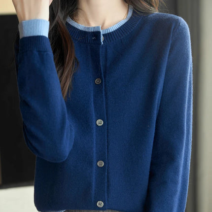 Spring Knit Patchwork Cardigan Lightweight O‑Neck Long Sleeve Sweater for Women