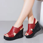 Women’s Cowhide Wedge Slides Summer Casual Slip-On Sandals-HighTouch