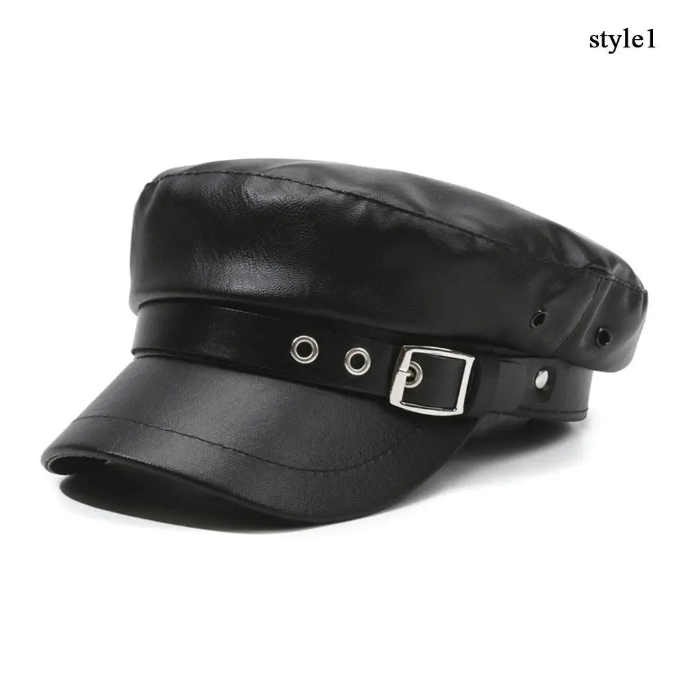Winter Beret Women Black PU Leather Y2K Punk Newsboy Cap