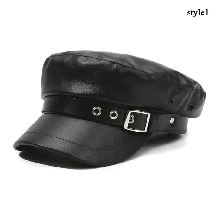 Winter Beret Women Black PU Leather Y2K Punk Newsboy Cap