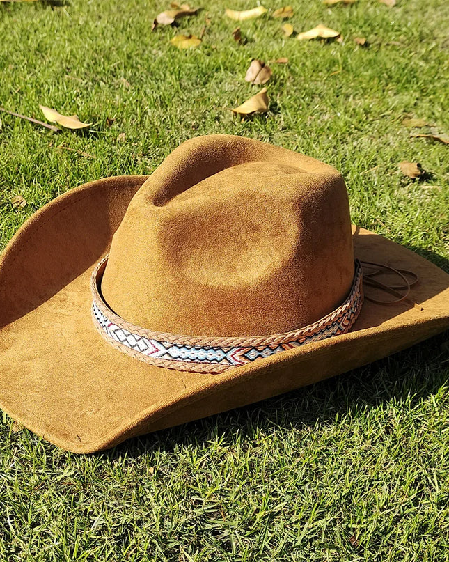 Suede Wide-Brim Western Cowboy Fedora Adjustable Fit