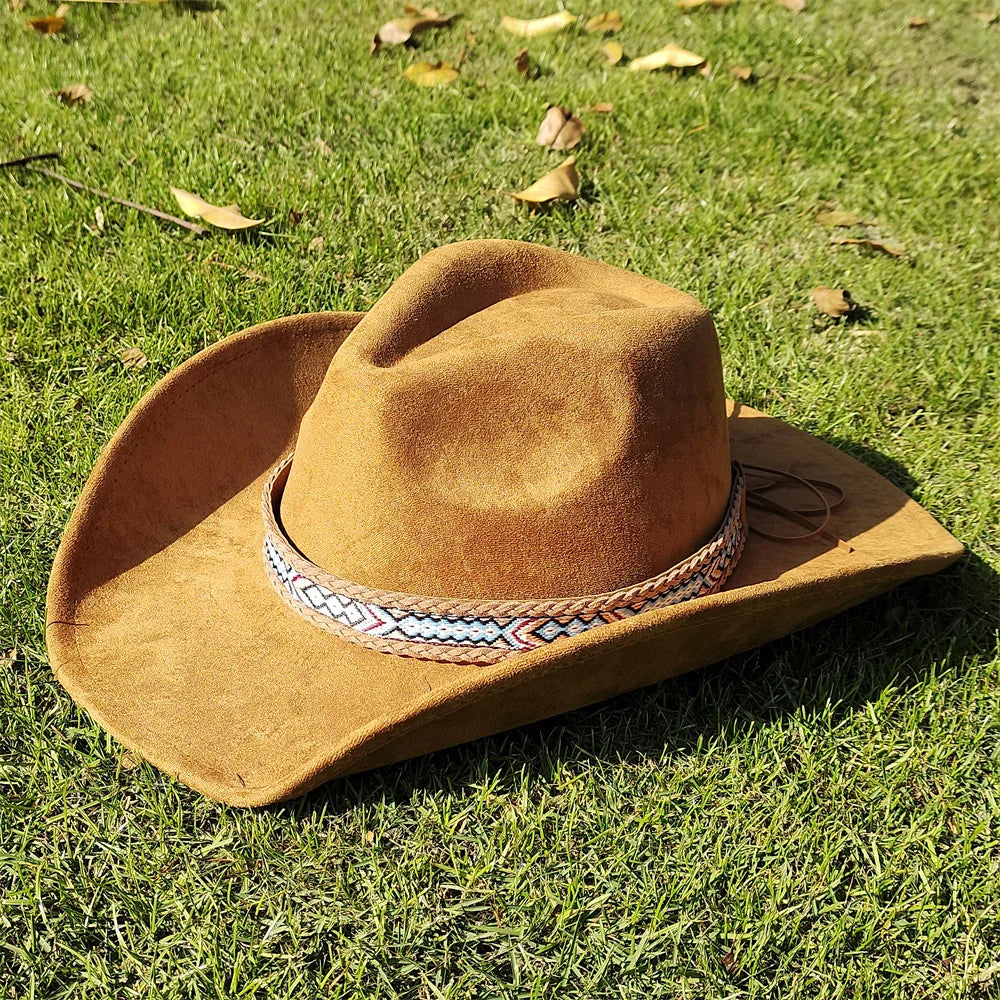 Suede Wide-Brim Western Cowboy Fedora Adjustable Fit-HighTouch