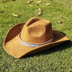 Suede Wide-Brim Western Cowboy Fedora Adjustable Fit-HighTouch