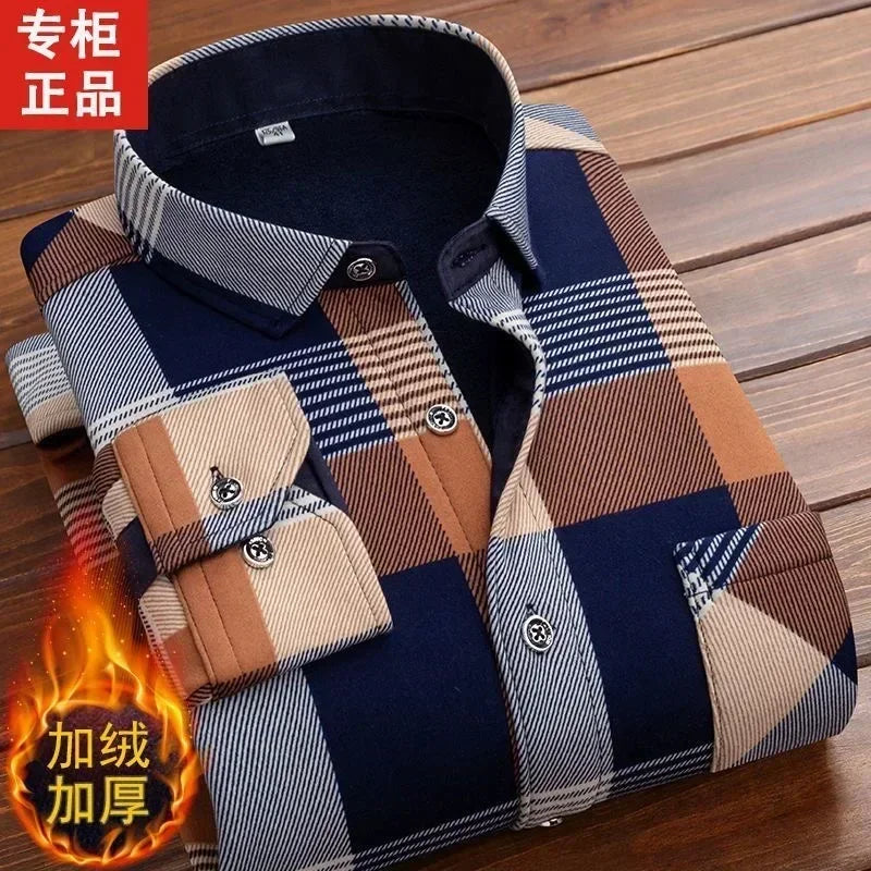 Men’s Winter Plaid Flannel Shirt – Fur Lined, Fleece‑Lined, Warm Casual Dress Shirt