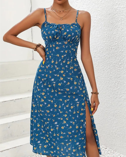 2024 Summer Sexy Spaghetti Straps Dress Women Fashion Polka Dot Print Sleeveless Slit Dress Boho Casual Beach Midi Dresses