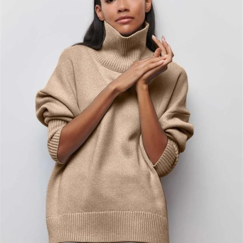 Cozy High-Neck Oversized Knit Sweater – Soft & Trendy Winter Staple-HighTouch