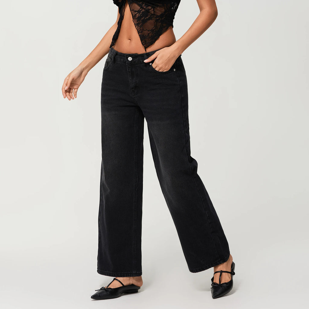 Jeans da donna a vita bassa, gamba larga e ampia in denim – Colore uniforme stile primaverile