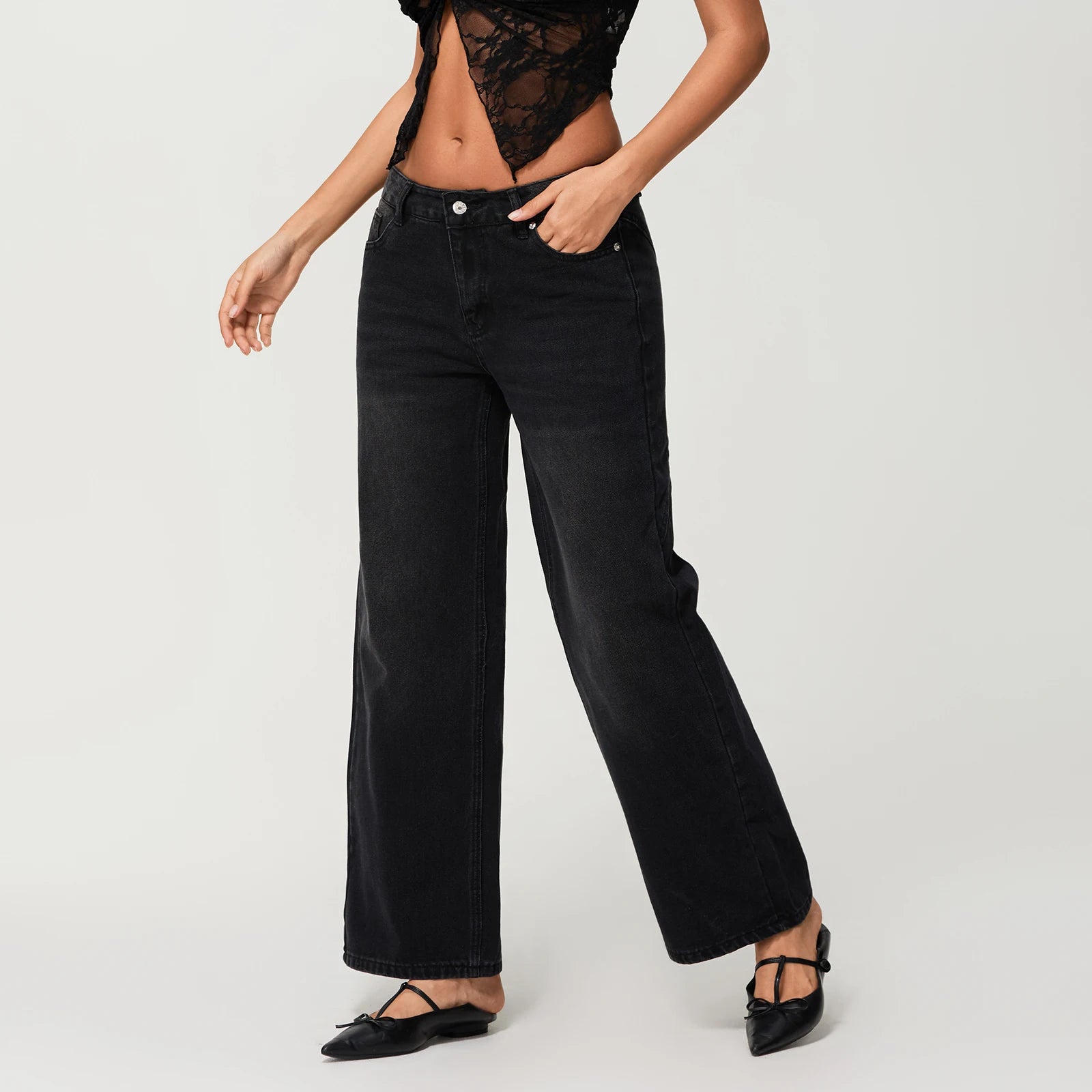 Women’s Low-Rise Wide-Leg Loose Denim Jeans – Solid Colour Spring Style