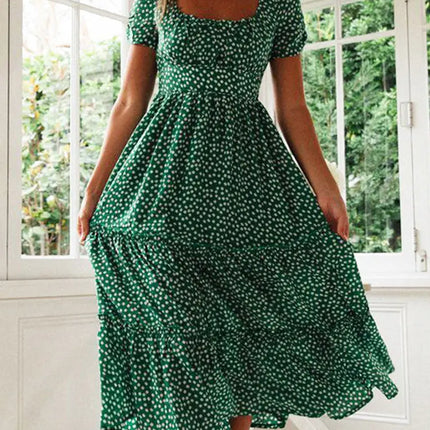 Vintage Floral Square‑Collar Puff‑Sleeve Maxi Dress with Slit