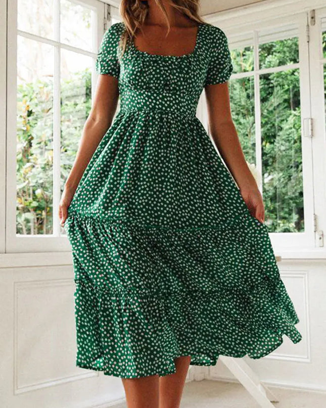 Vintage Floral Square‑Collar Puff‑Sleeve Maxi Dress with Slit