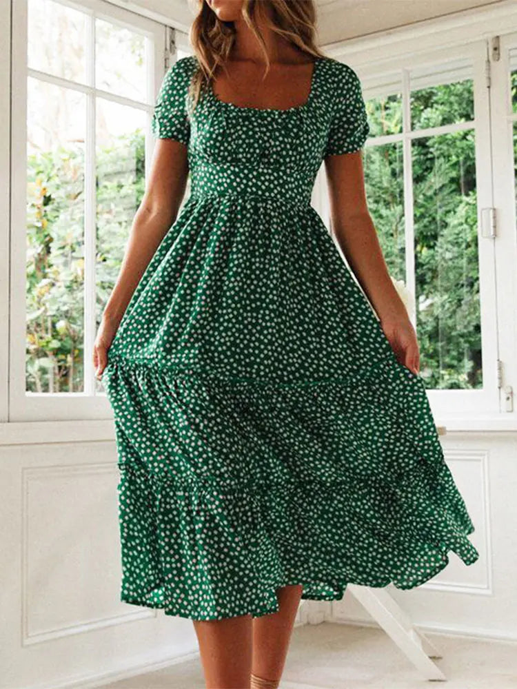 Vintage Floral Square‑Collar Puff‑Sleeve Maxi Dress with Slit-HighTouch