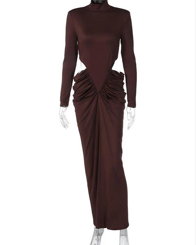 Women’s Hollow-Out Ruched Maxi Dress – Long Sleeve Turtleneck Evening Wear