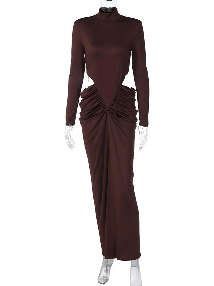 Women’s Hollow-Out Ruched Maxi Dress – Long Sleeve Turtleneck Evening Wear