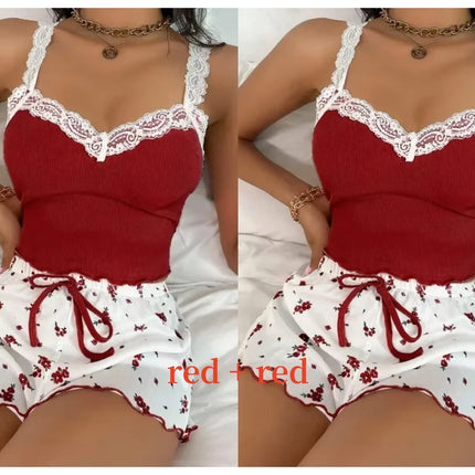 Women’s Pink Lace Patchwork Camisole & Shorts Pajama Set – Sexy Lounge Sleepwear