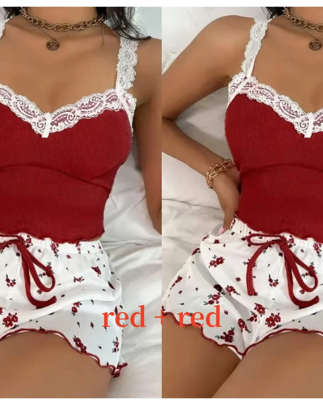 Women’s Pink Lace Patchwork Camisole & Shorts Pajama Set – Sexy Lounge Sleepwear