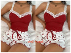 Women’s Pink Lace Patchwork Camisole & Shorts Pajama Set – Sexy Lounge Sleepwear-HighTouch