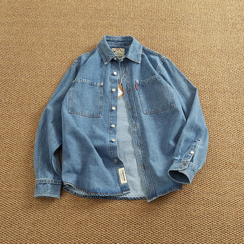 Retro Heavyweight Denim Cargo Shirt Men  Cotton Washed Overshirt Jacket