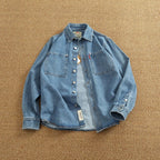 Retro Heavyweight Denim Cargo Shirt Men Cotton Washed Overshirt Jacket-HighTouch