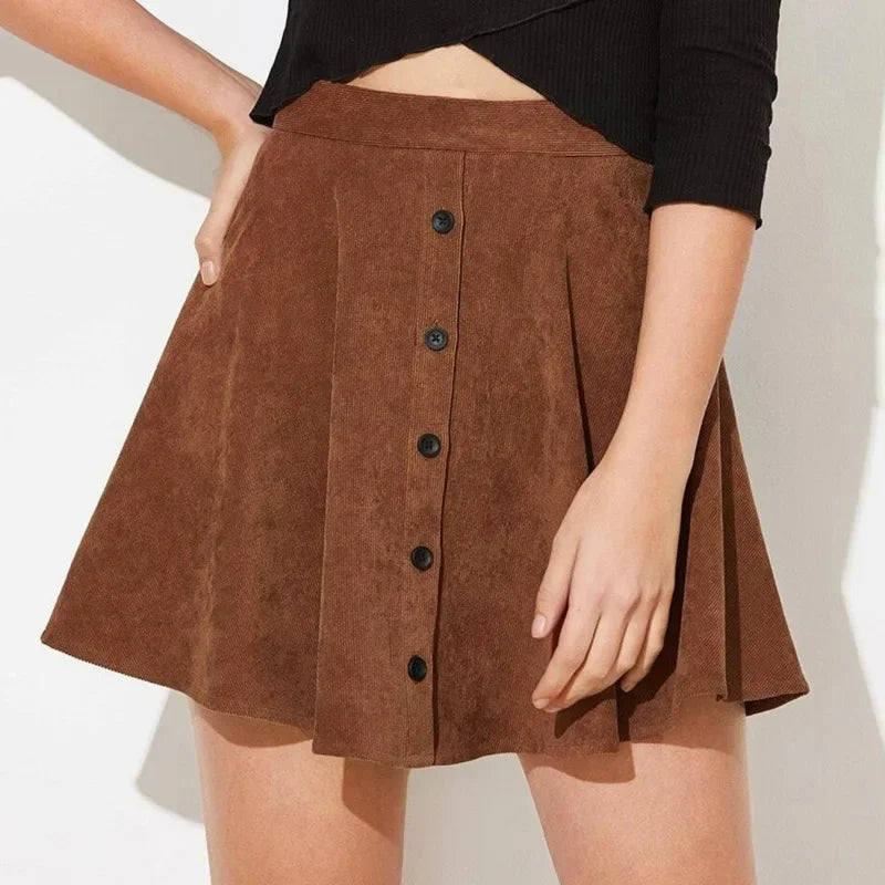 Women’s High-Waisted A-Line Corduroy Button-Up Skirt