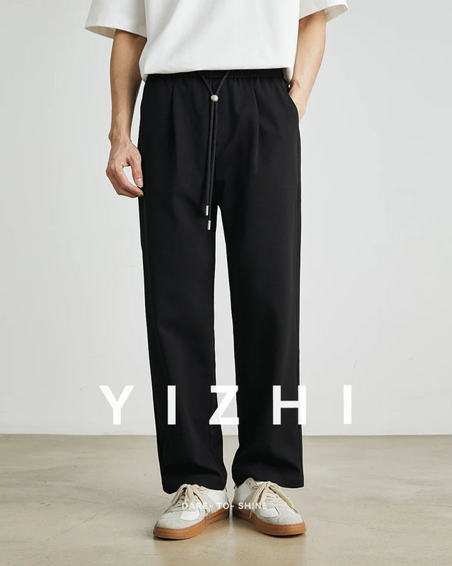 Men’s Straight-Leg Drawstring Trousers – Japanese Casual Elastic Waist Pants