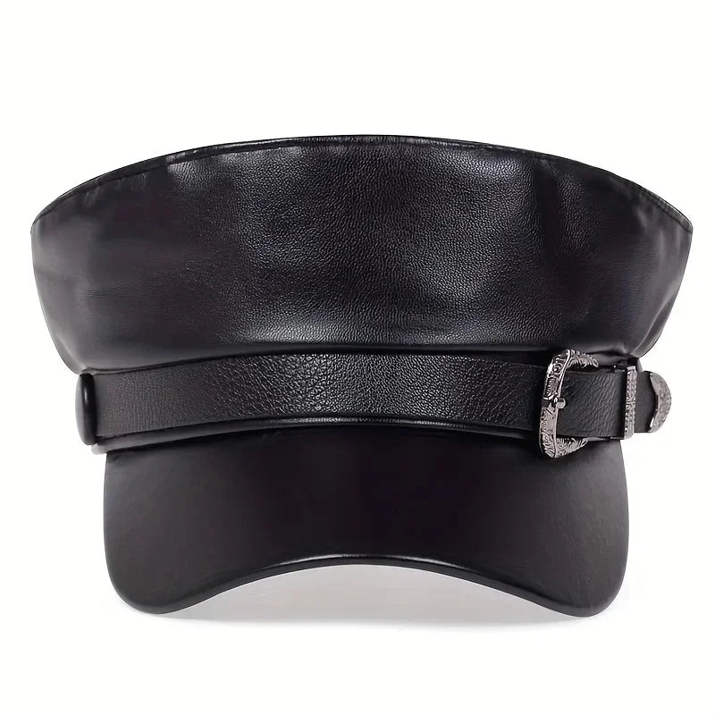 Leather Beret Cap Autumn Belt Buckle Flat Top Captain Hat