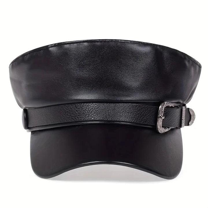 Leather Beret Cap Autumn Belt Buckle Flat Top Captain Hat
