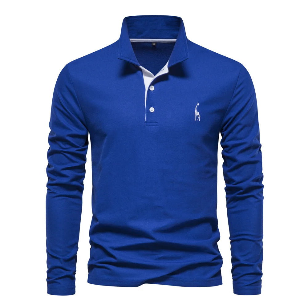 Men’s Deer-Embroidered Long Sleeve Polo-HighTouch