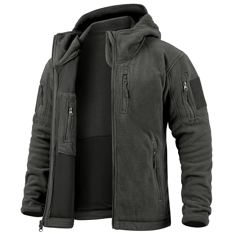Tactical Hooded Fleece Jacket Men – Warm Military Multi-Pocket Winter Coat-HighTouch