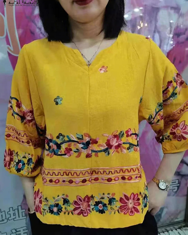 ZANZEA Vintage Boho V-Neck Blouse – Lantern Sleeve Pullover