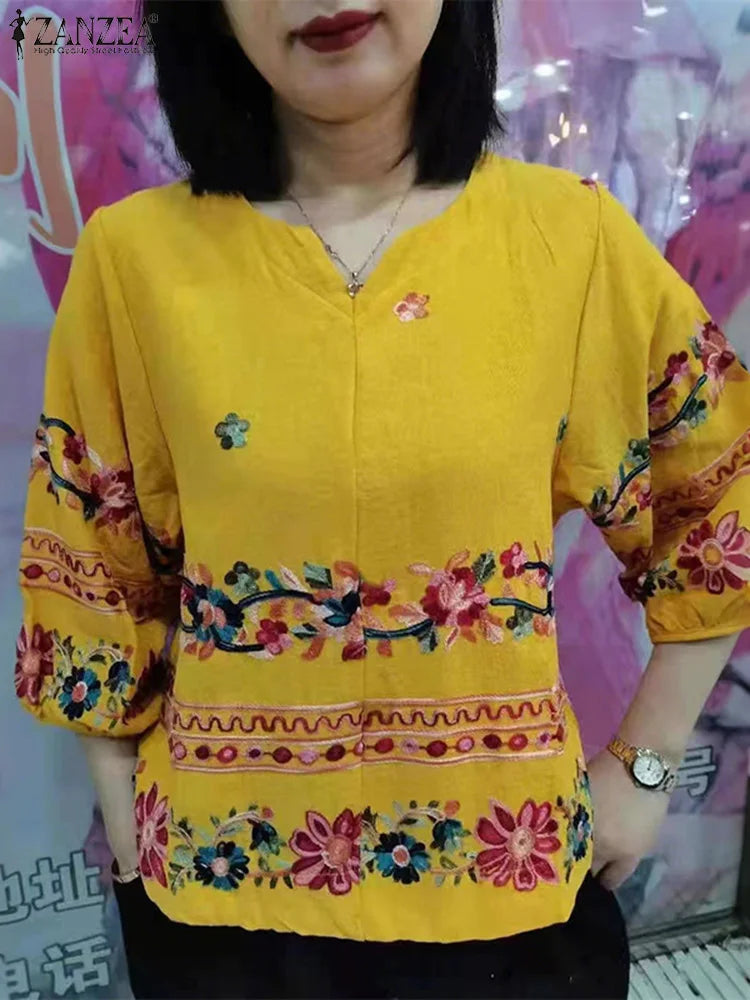 Vintage Boho V-Neck Blouse – Lantern Sleeve Pullover-HighTouch