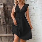 V‑Neck Hollow‑Lace Flare Sleeve Beach Midi Dress-HighTouch