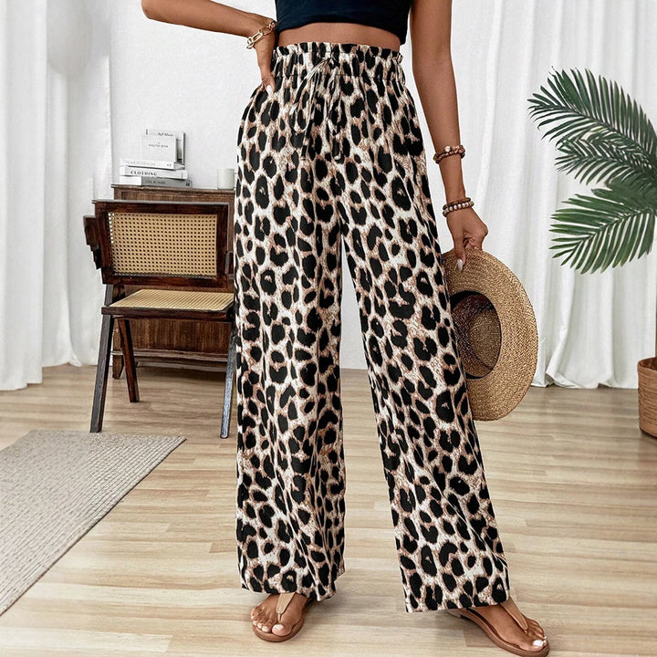 Mia Muse Leopard Print High-Waist Straight-Cut Pants – Stylish Summer Casual-HighTouch