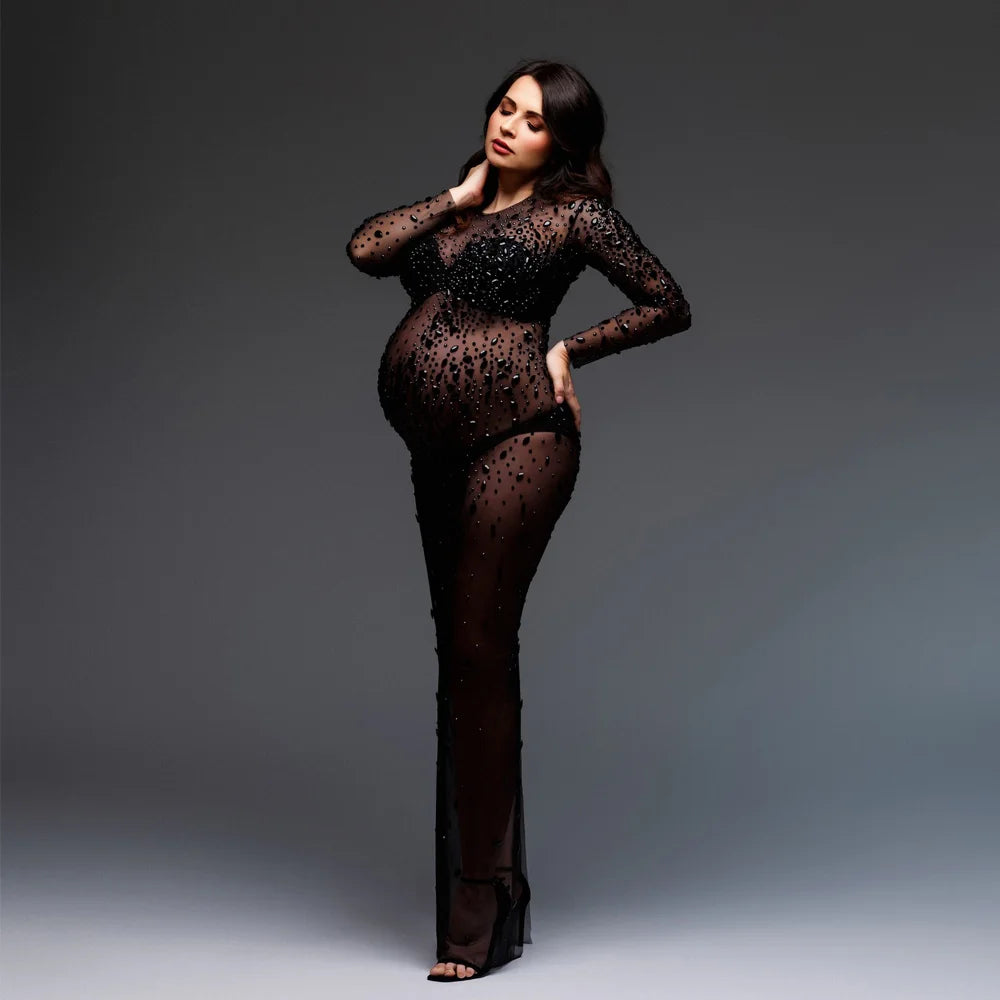 Rhinestone Maternity Dress Summer Sheer Mesh Photoshoot Maxi