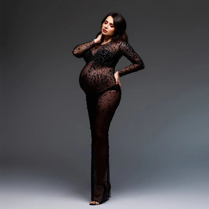 Rhinestone Maternity Dress Summer Sheer Mesh Photoshoot Maxi