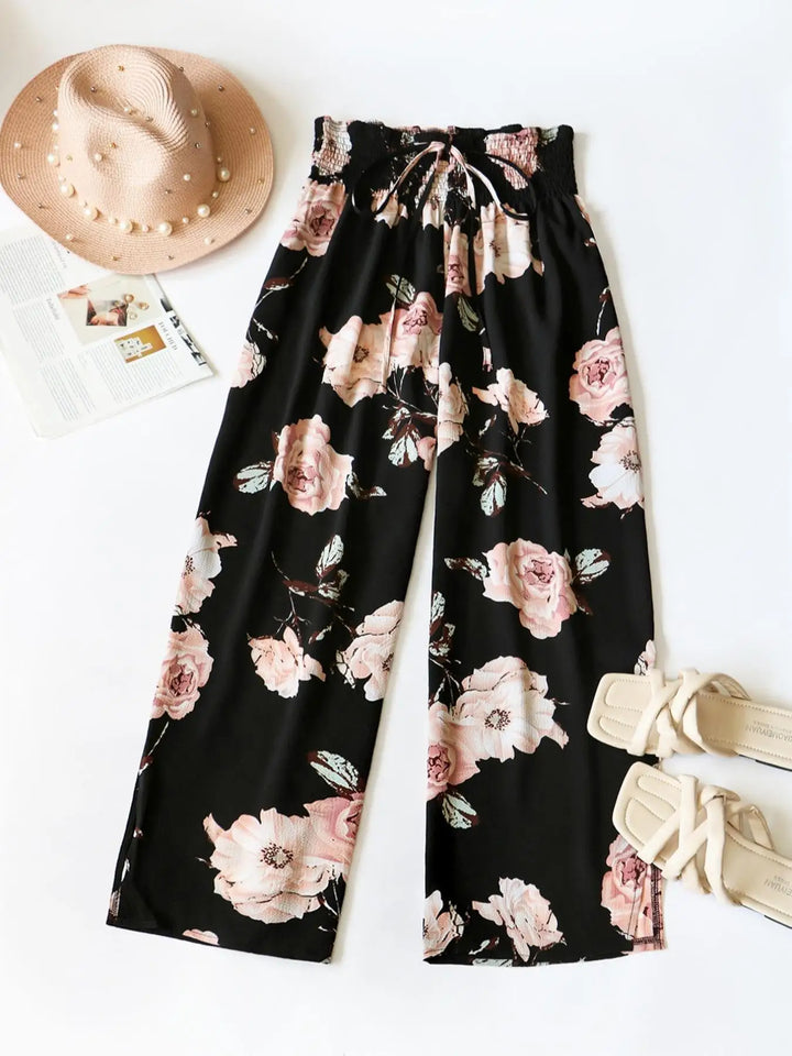 Plus Size Floral Print Bow Front Wide Leg Pants
