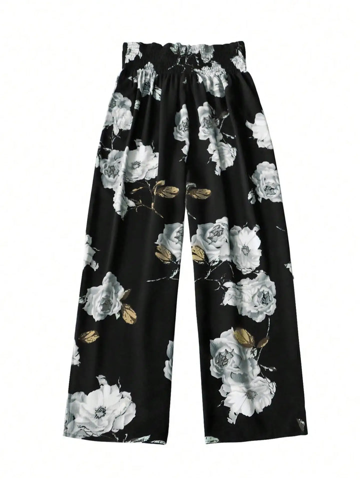 Plus Size Floral Print Bow Front Wide Leg Pants