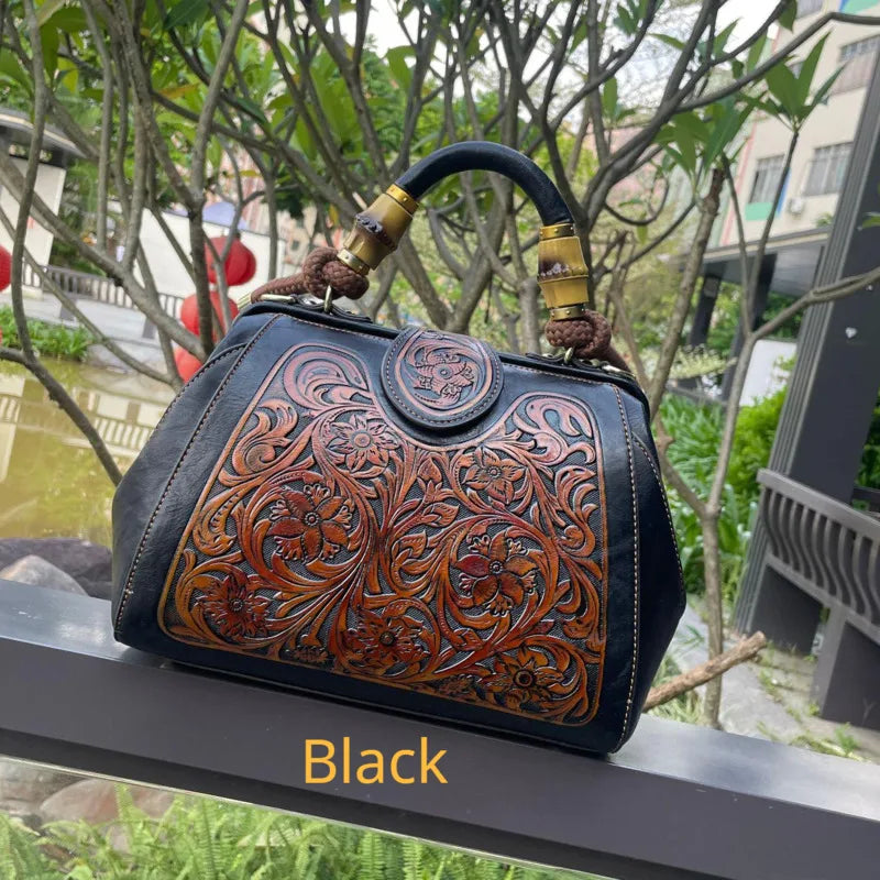 Luxury Handmade Women Shoulder Bag Vintage Carved Leather Women's Bag