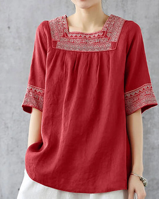 Feel Effortless Elegance Every Day in Our Square-Neck Embroidered Blouse