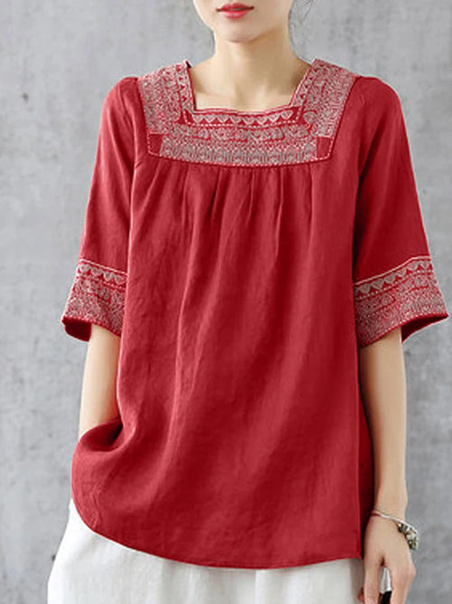 Feel Effortless Elegance Every Day in Our Square-Neck Embroidered Blouse