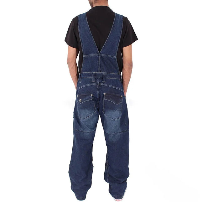 Men’s Baggy Denim Overalls Jumpsuit – Multi-Pocket Washed Suspenders