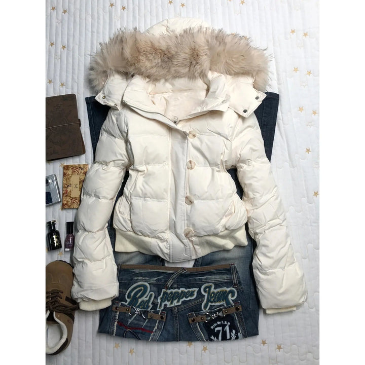 Winter Puffer Coat Women Fur Collar Hooded Cotton Padded Jacket