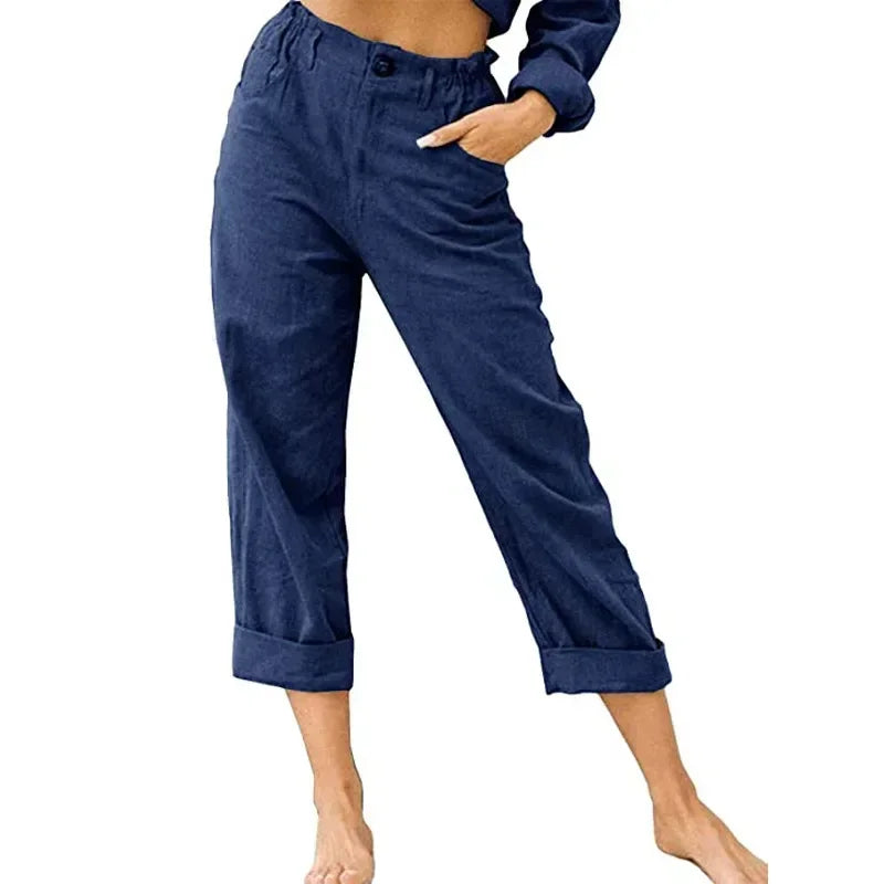 Spring Cotton-Linen Women’s Loose Button Pockets Pants – Elegant & Breathable-HighTouch