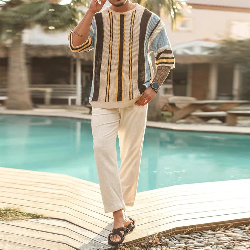 Breathable Striped Hollow Knit Summer T-Shirt for Men